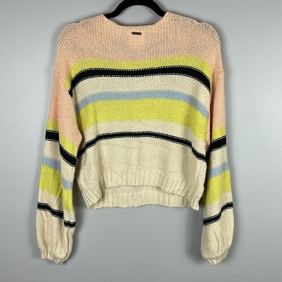 Billabong Seeing Stripes Cotton Cropped Oversized Sweater Medium Peach Cream - Picture 11 of 12